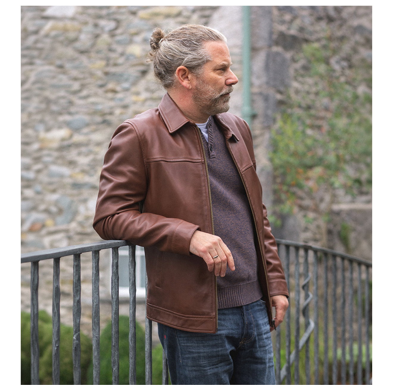 Renwick Collared Leather Jacket Cognac