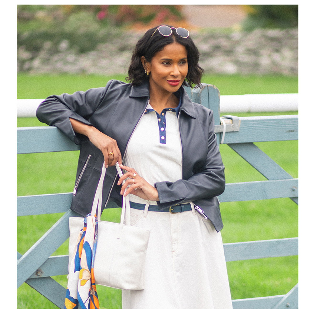 Fairnam Collared Leather Jacket Navy