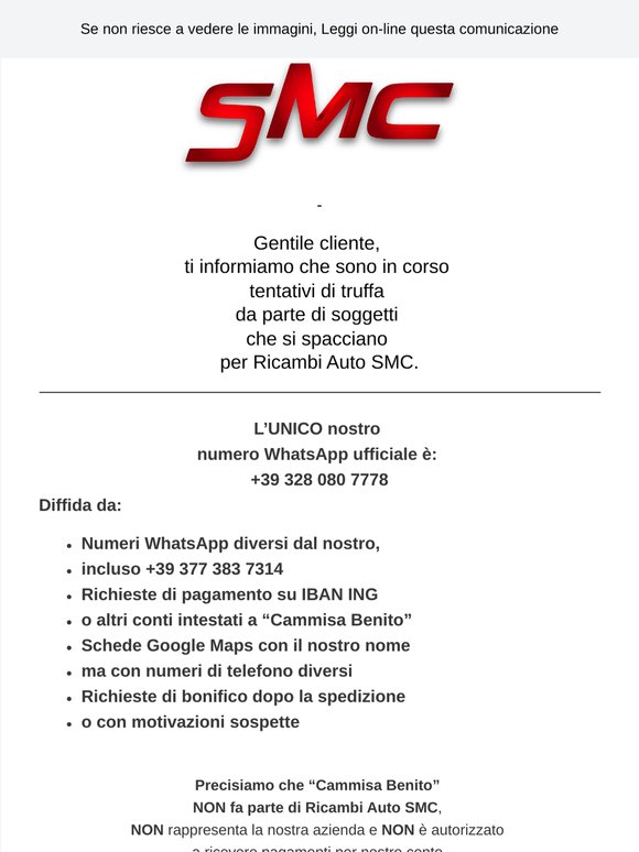 🚨AVVISO IMPORTANTE — Ricambi Auto SMC