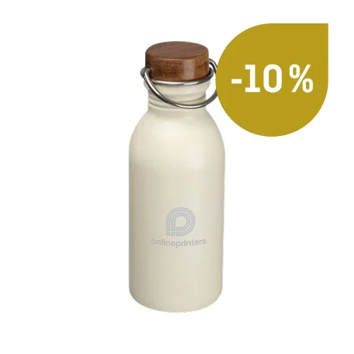 Borraccia con tappo in legno e manico ad anello in metallo color crema, con logo stampato