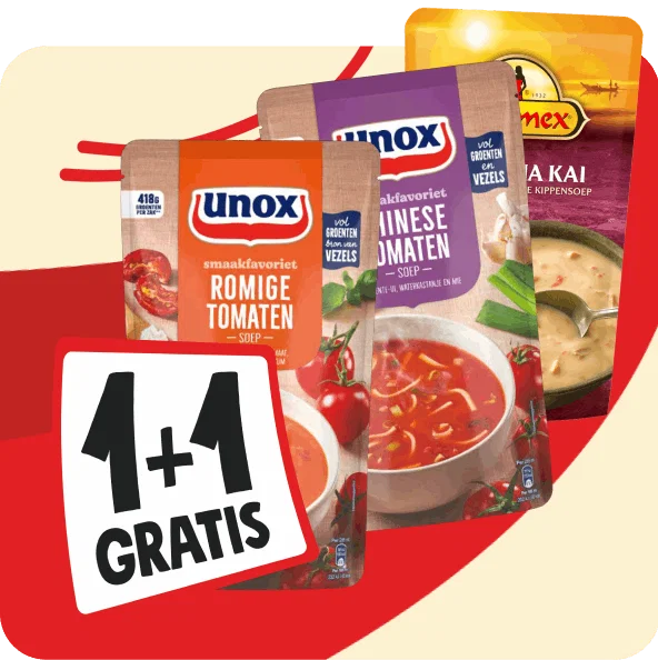 Unox of Conimex soep in zak 1+1 gratis