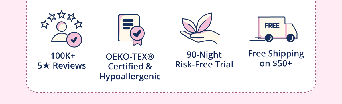 100K+ 5 star reviews, OEKO-TEX certified, 90-night risk-free trial and free shipping over $50