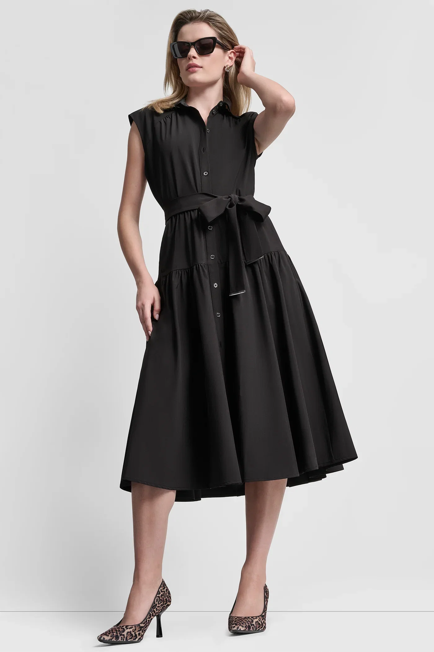 Image of CAP SLEEVE FIT & FLARE MIDI SHIRT DRESS