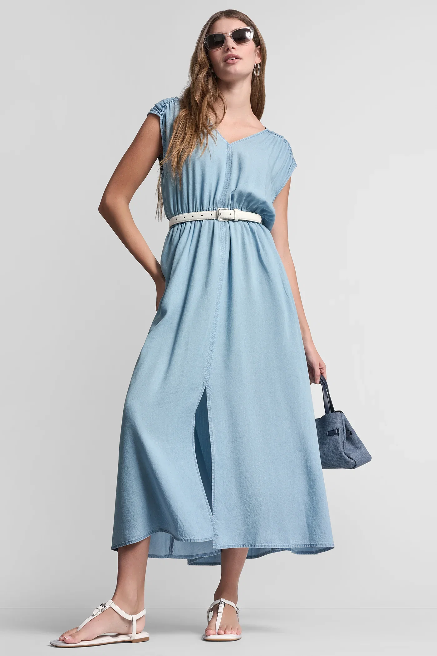 Image of RUCHED V-NECK DRESS WITH TIE WAIST