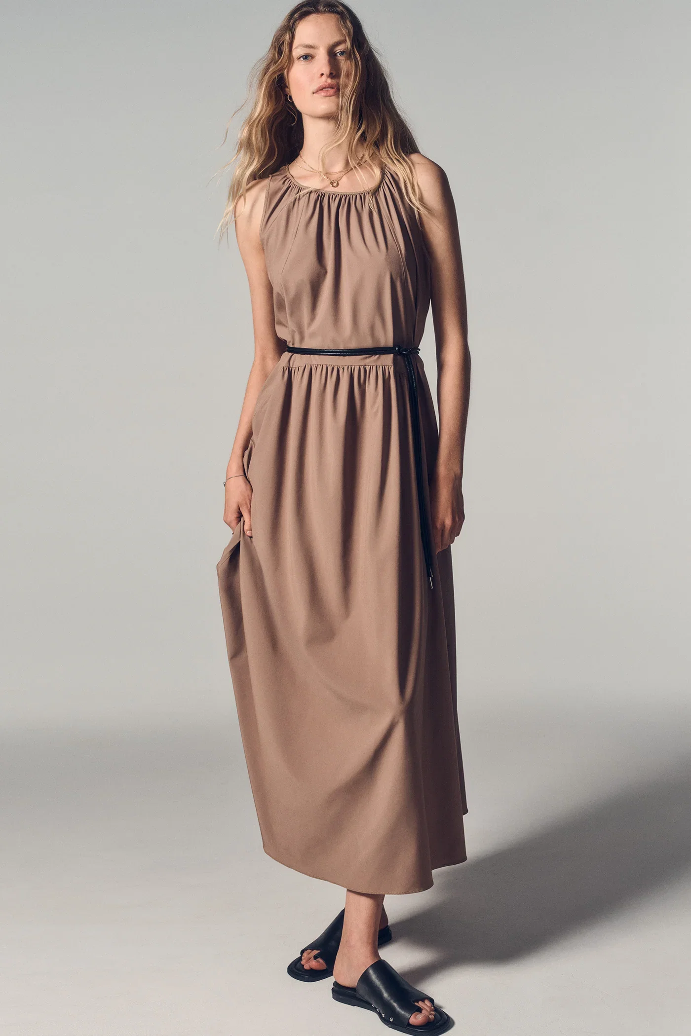 Image of SLEEVELESS DROP-WAIST MIDI DRESS