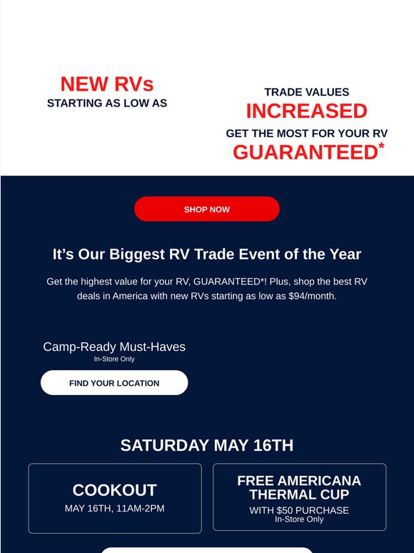 New RVs starting at just $94/mo during the Red, White, & NEW Event