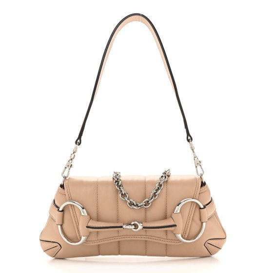 GUCCI Nappa Vertical Matelasse Small Maxi Horsebit Chain Shoulder Bag Beige