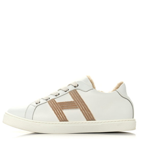 HERMES Calfskin Shearling Womens Avantage Sneakers 37.5 White Ecru