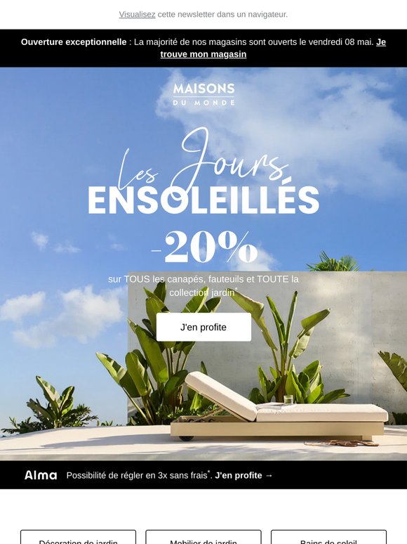 -20% sur TOUS les canapés, fauteuils et TOUTE la collection jardin