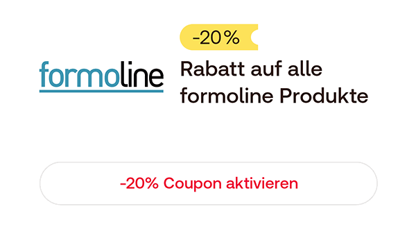 Gutschein‑Grafik mit formoline‑Logo und Hinweis „–20 % Rabatt auf alle formoline Produkte“ sowie einem „–20 % Coupon aktivieren“-Button.