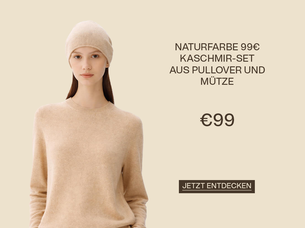 Kaschmir-Set in Naturton mit Mütze und Pullover, Preis €99, mit „Shop Now“.