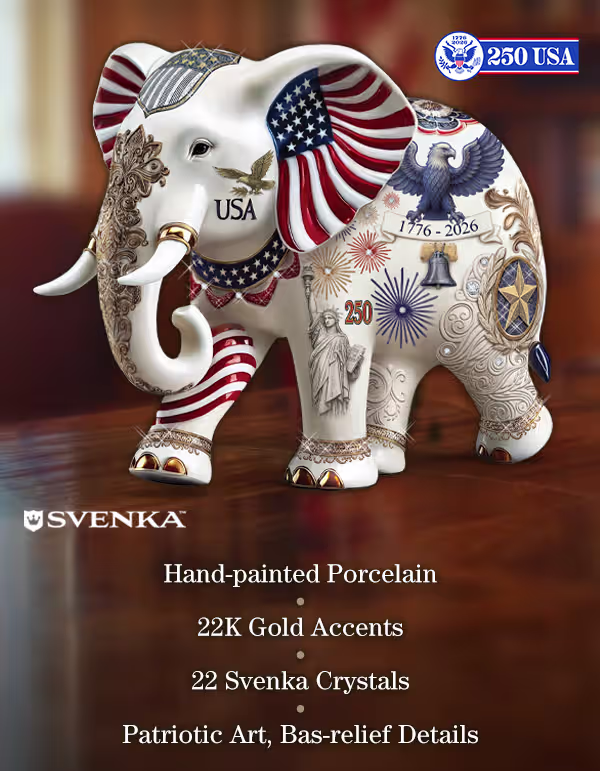 Display this porcelain elephant figurine with patriotic art, 22K gold accents, 22 crystals.