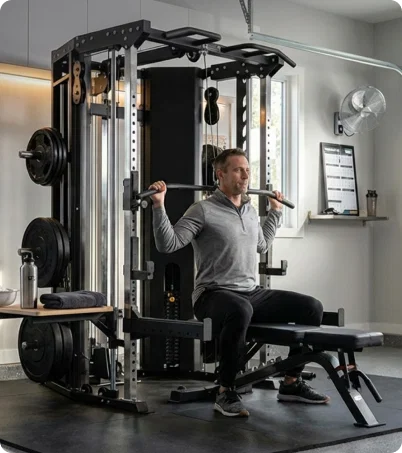 Man doing seated pulldowns on Force USA All-in-One Home Gym
