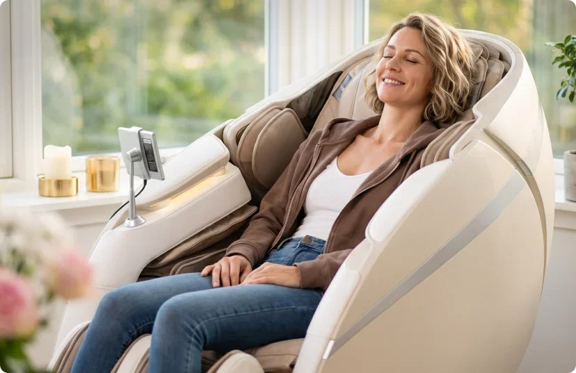 Woman relaxing in Osaki DuoMax massage chair in modern living room