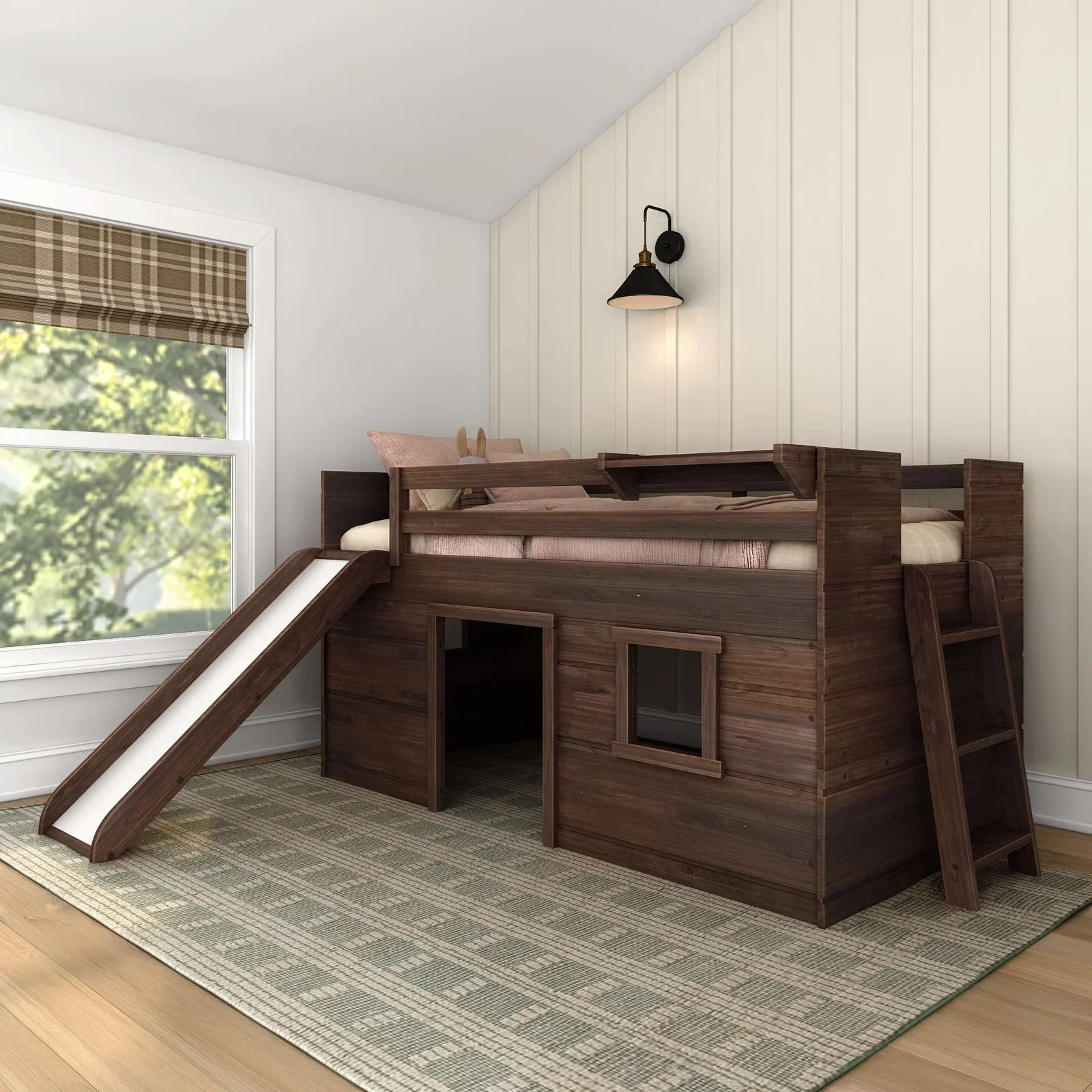 Image of Modern Farmhouse Twin Low Loft Bed with Slide