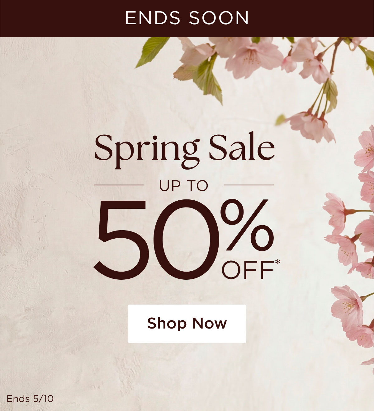 ENDS SOON - Spring Sale - Up to 50% Off* - Shop Now - Ends 5/10