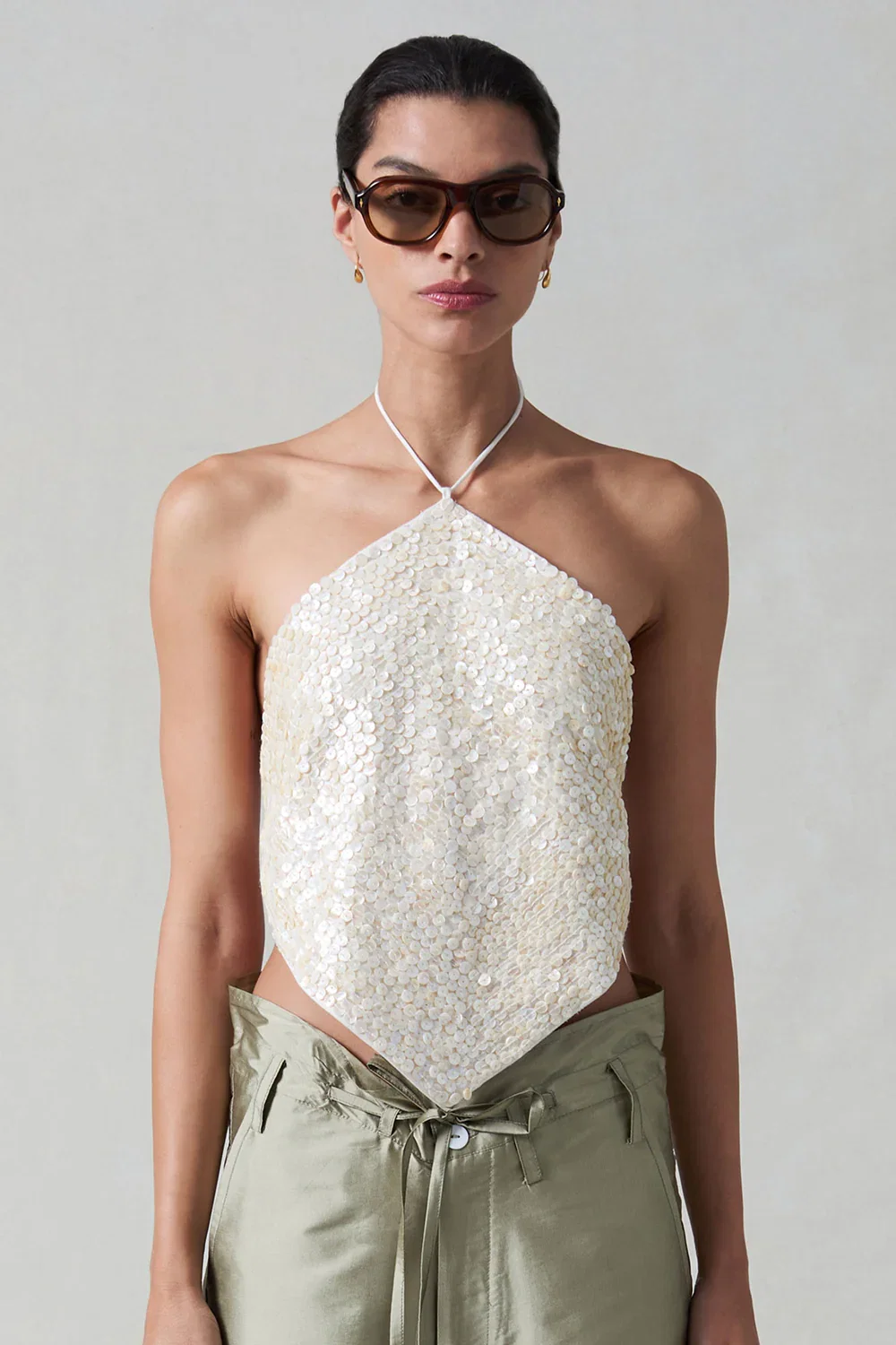 Image of Shell Button Backless Halter Top Natural