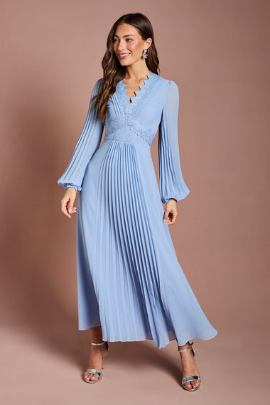 Pleat Detail Lace Trim Maxi Dress