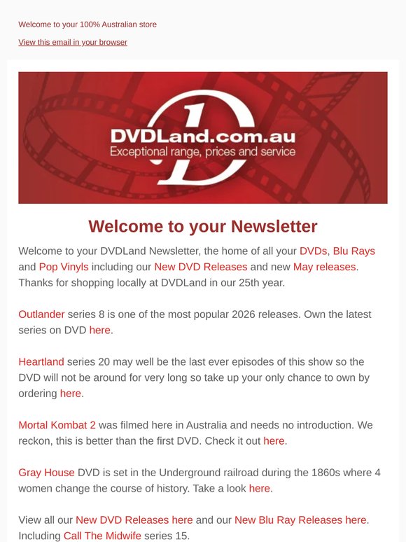 DVDLand Newsletter - Outlander 8, Heartland 20, Mortal Kombat 2, Gray House