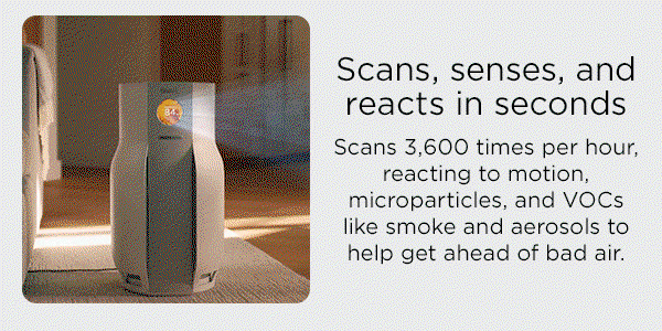 Scans, senses, and reacts in seconds. Scans 3,600 times per hour, reacting to motion, microparticles, and VOCs like smoke and aerosols to help get ahead of bad air.