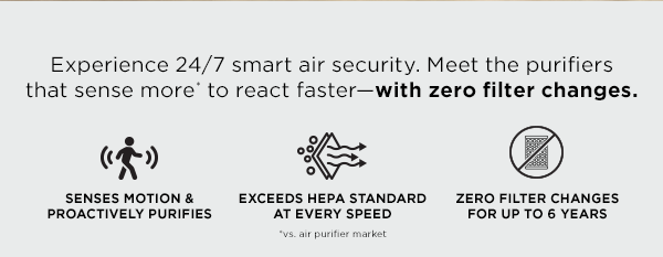Experience 24/7 smart
 air security. Meet the purifiers that sense more* to react faster--with zero filter changes. Senses motion & proactively purifies. Exceeds HEPA standard at every speed. &vs. air purifier market. Zero filter changes for up to 6 years.