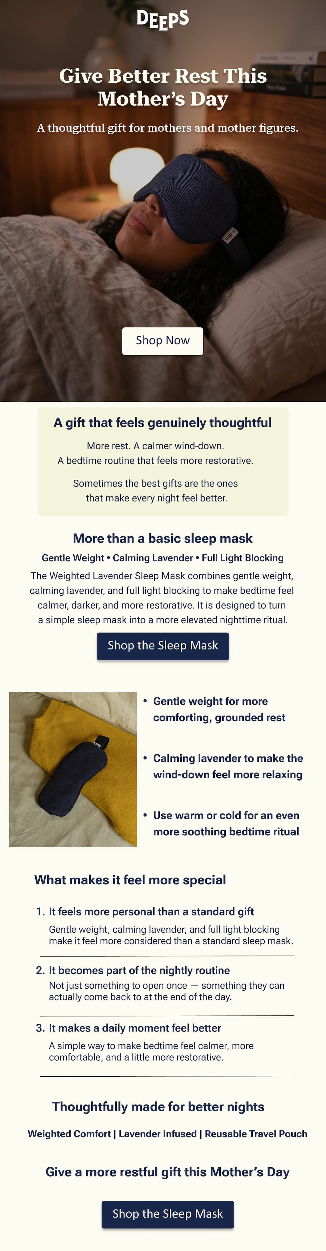 A woman peacefully sleeping with the DEEPS sleep mask on