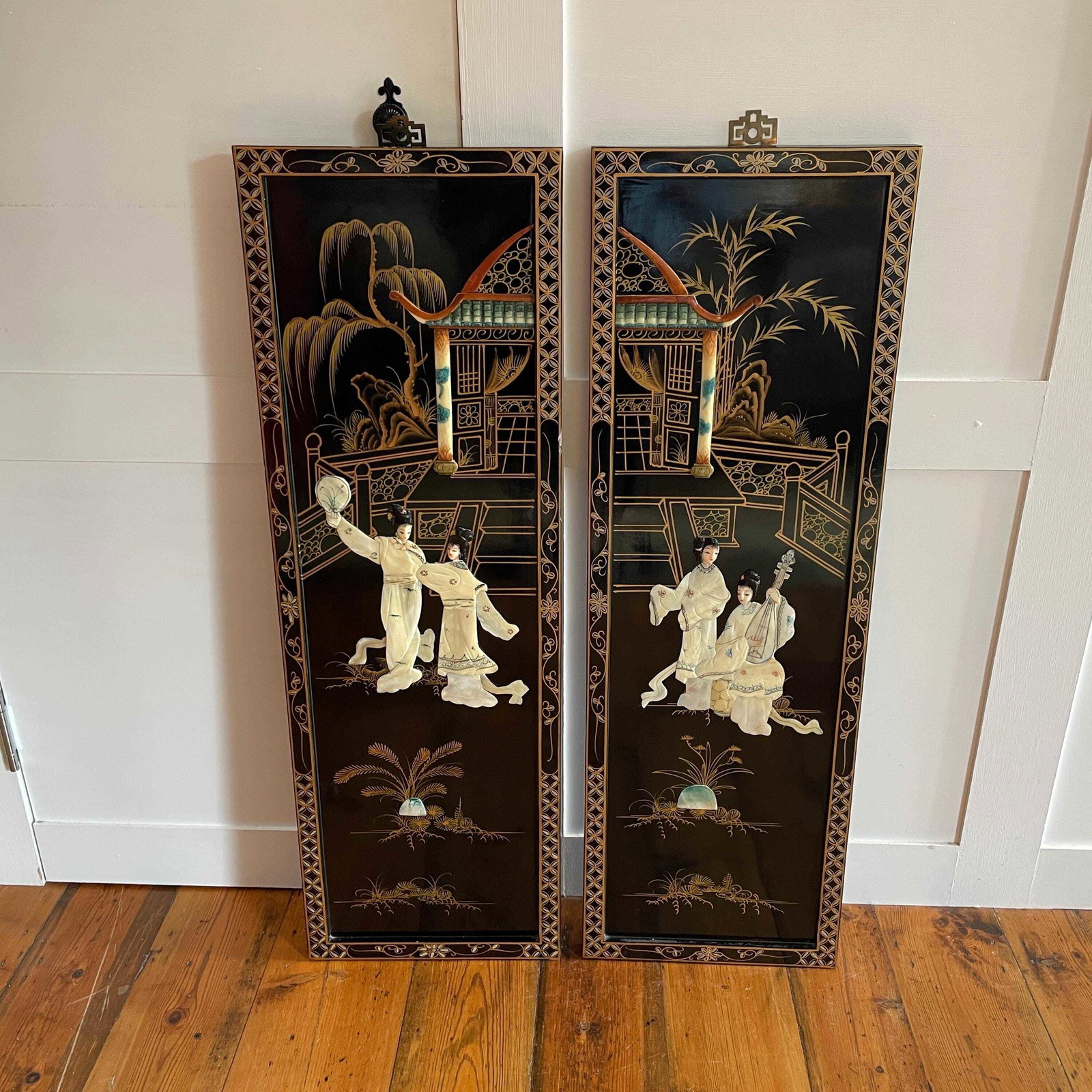Japanese Soapstone Wall Panels Figures Black Lacquer Pair Oriental Screens Pictures Decorative Asian Wall Hanging