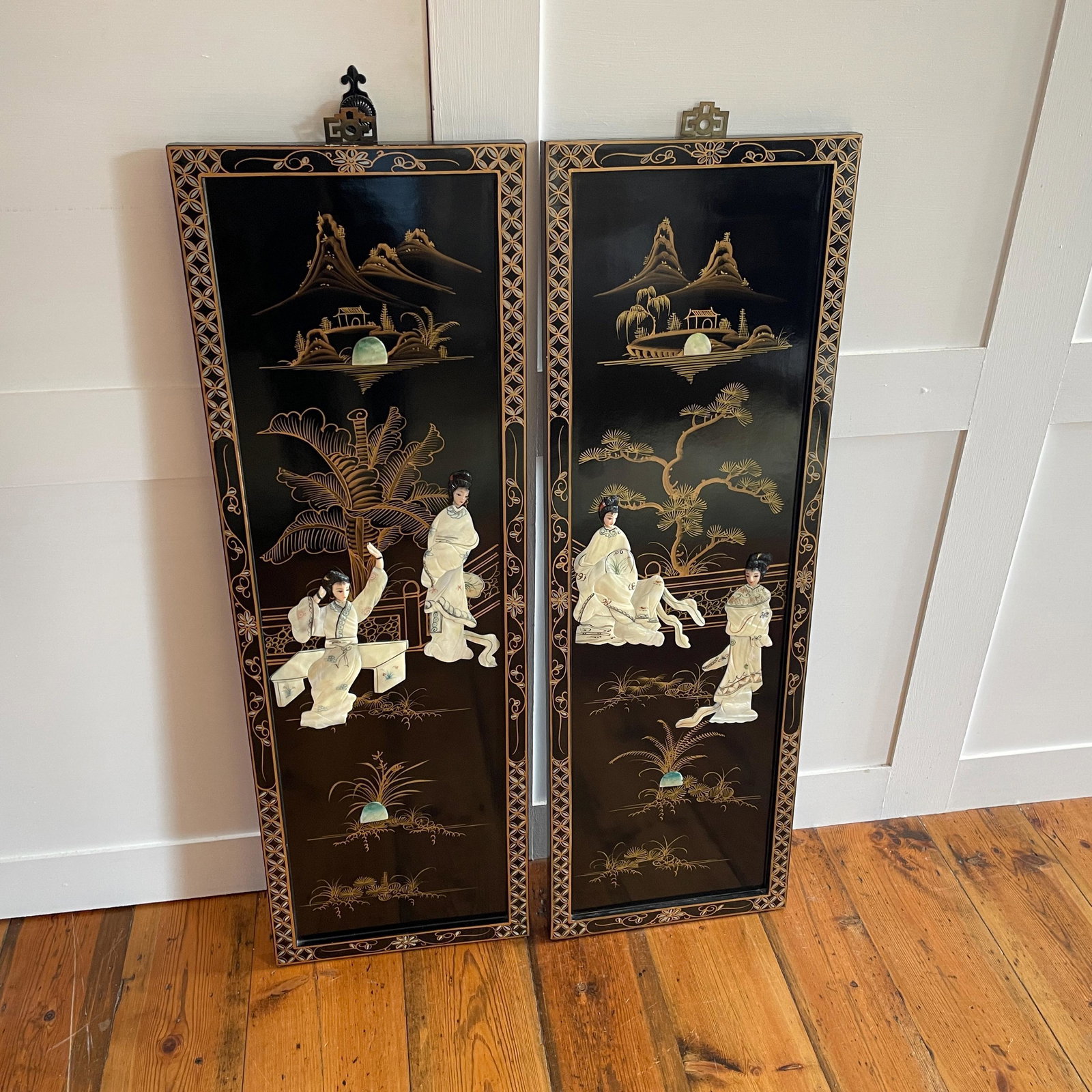 Japanese Soapstone Wall Panels Figures Black Lacquer Pair Oriental Screens Pictures Decorative Asian Wall Hanging