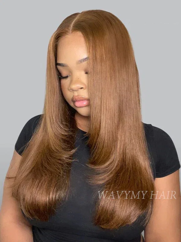 Wavymy Chestnut Brown Layered Cut Straight Wig Wear Go Glueless 7x5 Lace Wig 180% Density Human Hair
