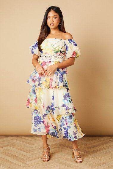 Petite Organza Floral Bardot Midaxi Dress