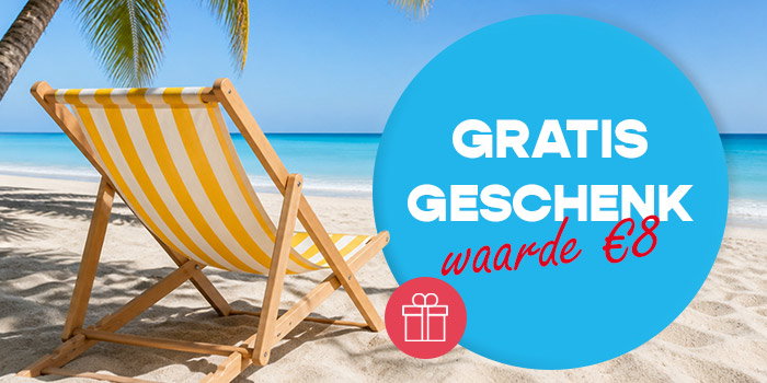Yellow-striped deckchair on a sunny tropical beach with turquoise sea and promotional badge reading 'Free gift worth €8'