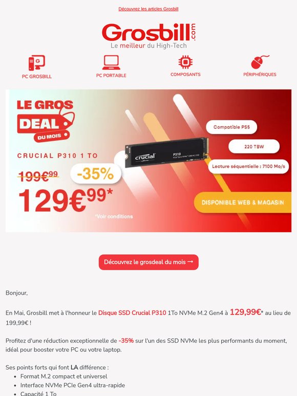 🔥 Grosdeal Mai : -35% sur le SSD Crucial 1To NVMe Gen4 !