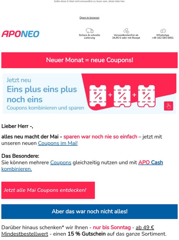 🎟️ Unsere neuen Coupons im Mai + 15 % Gutschein* = maximal sparen für Sie! 🎟️