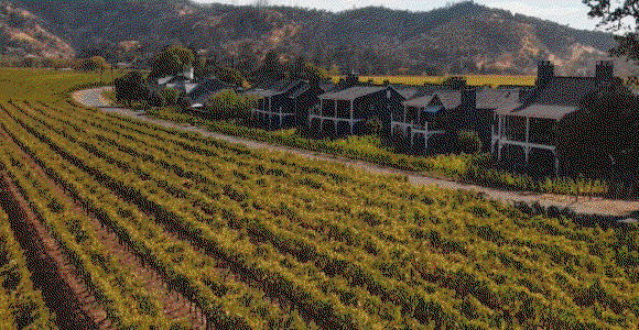 Hero GIF featuring 4 frames: 1) Vineyard rows lead to a resort set against rolling hills in Napa Valley. 2) Guests swim in a long outdoor pool lined with white umbrellas and loungers. 3) Two woman cycling along a paved path beside vineyard rows and hills. 4) A couple strolling through a vineyard path with glasses of wine.