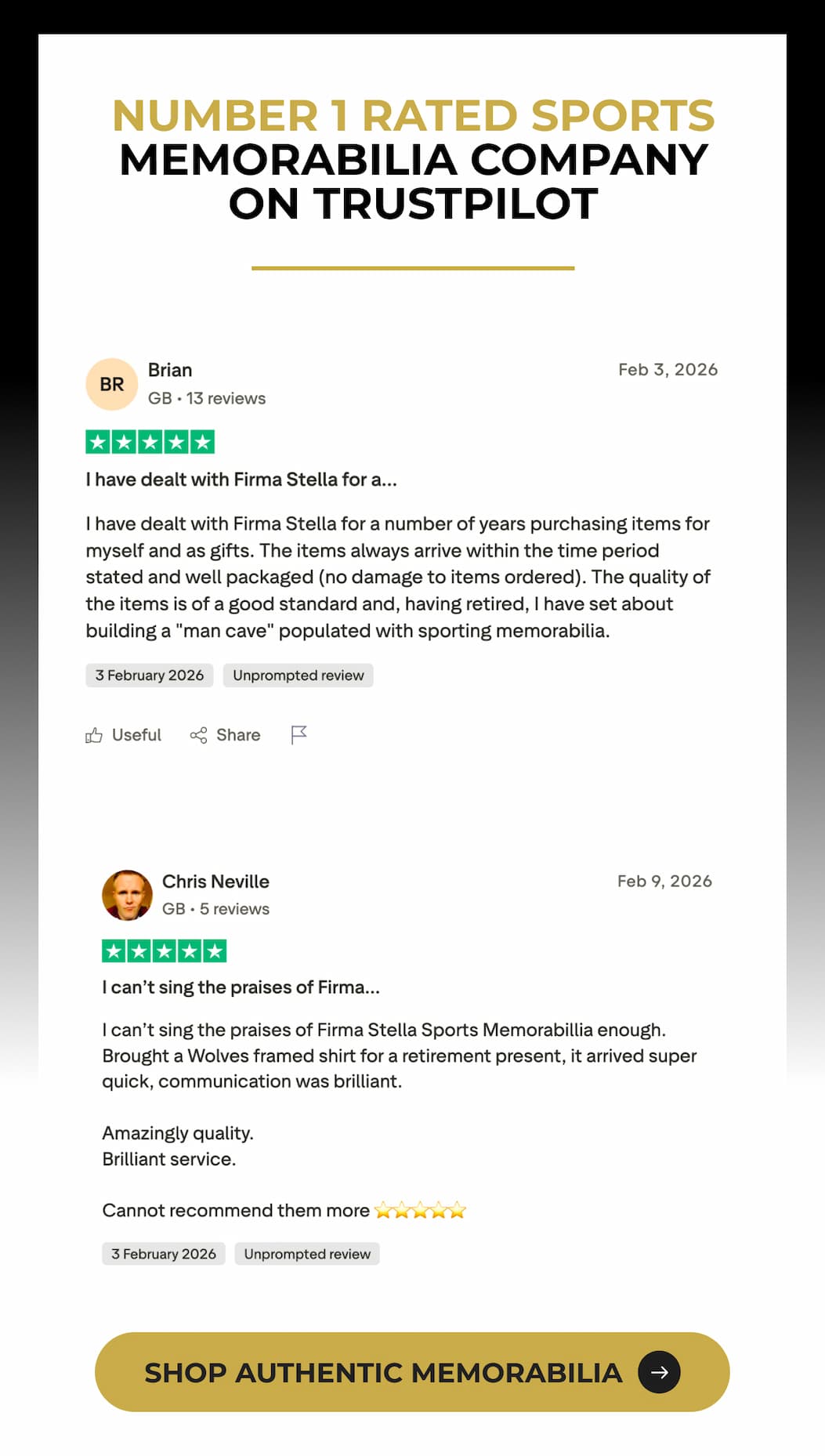 NUMBER 1 RATED SPORTS MEMORABILIA COMPANY ON TRUSTPILOT