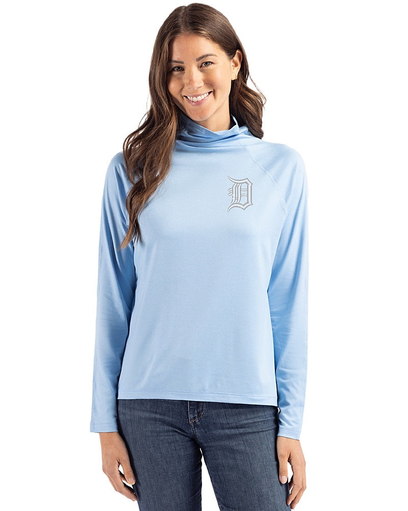 Image of Detroit Tigers Mono Cutter & Buck Coastline Recycled Double Peached Womens Funnel Neck Pullover