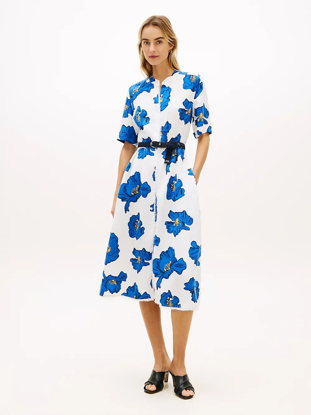 Frayed Linen Blend Midi Shirt Dress