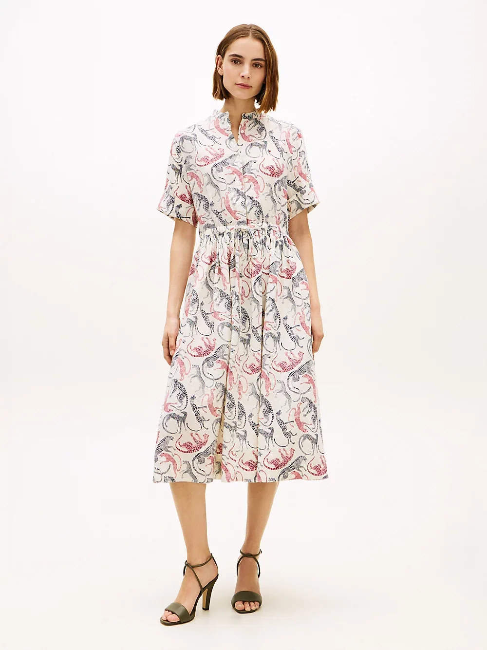 Print Pure Linen Midi Shirt Dress