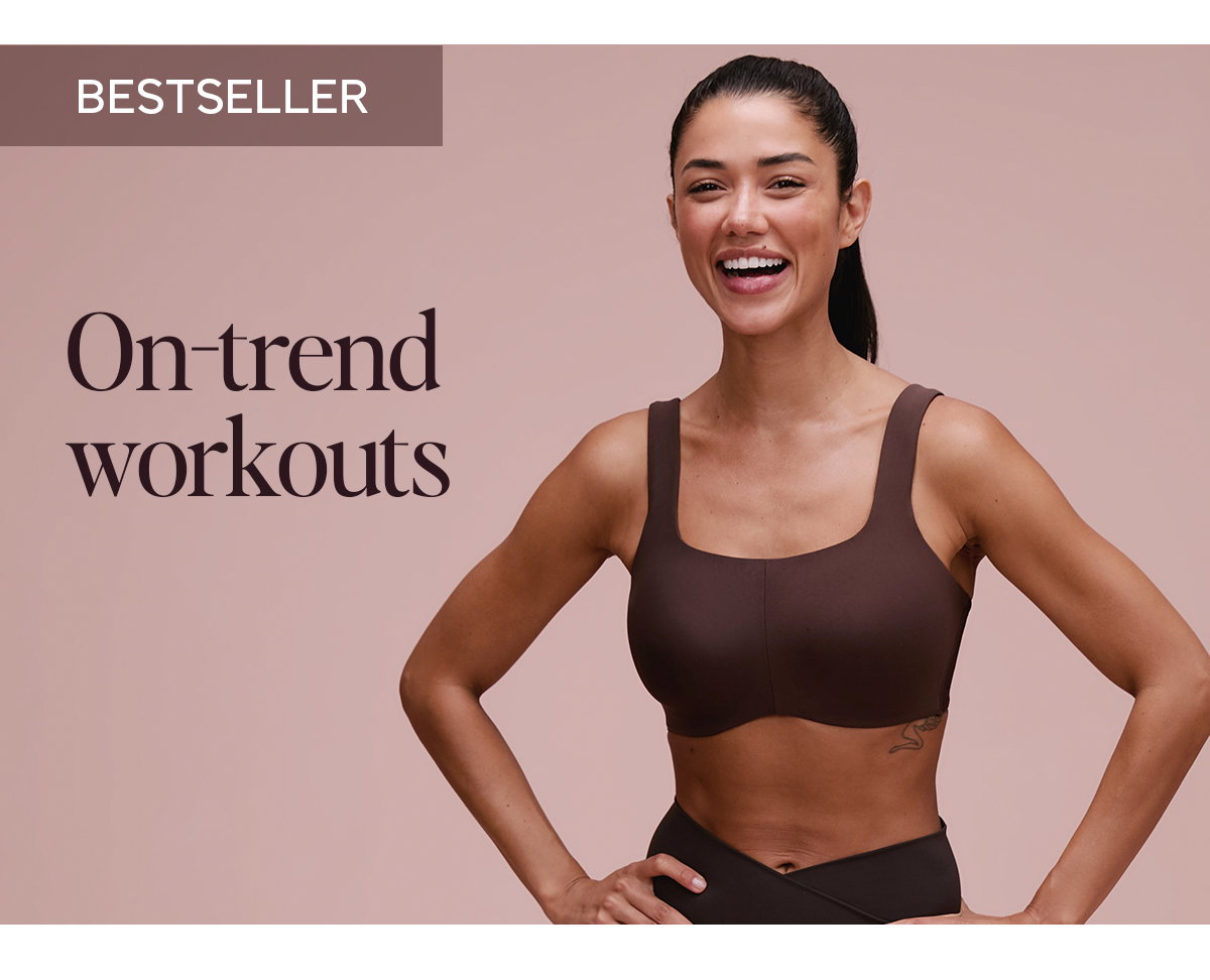 On-trend workouts: Model wears Move 360 Sports Bra in new trending colour Chocolate Brown.