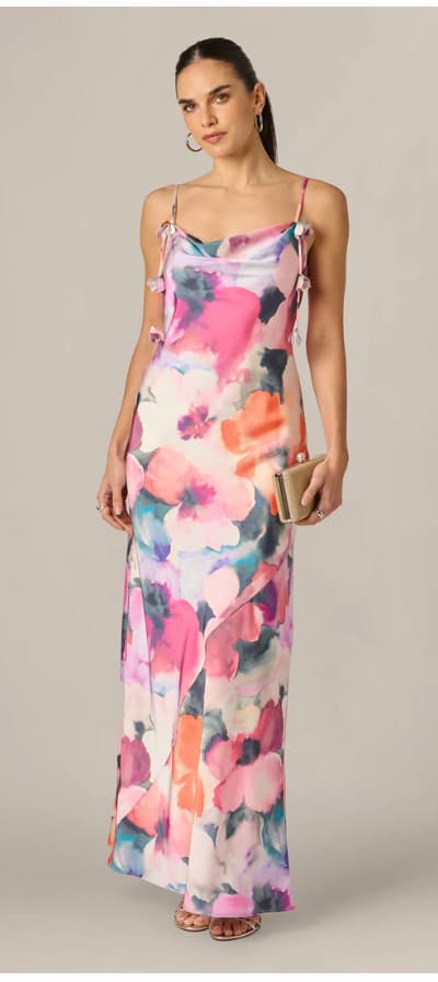 Cowl Neck 3D Floral Sateen Gown In Pink Orange Multi