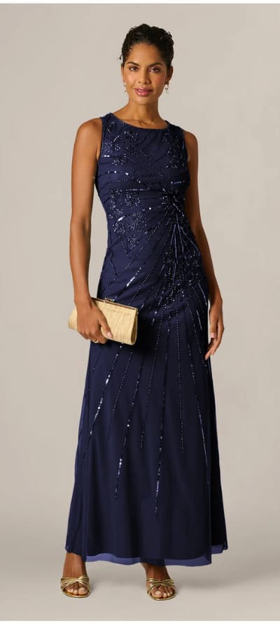 Floral Beaded Illusion Mermaid Gown In Light Navy