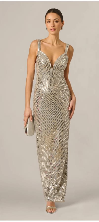 Plunge Neck Mirror Beaded Gown In Silver