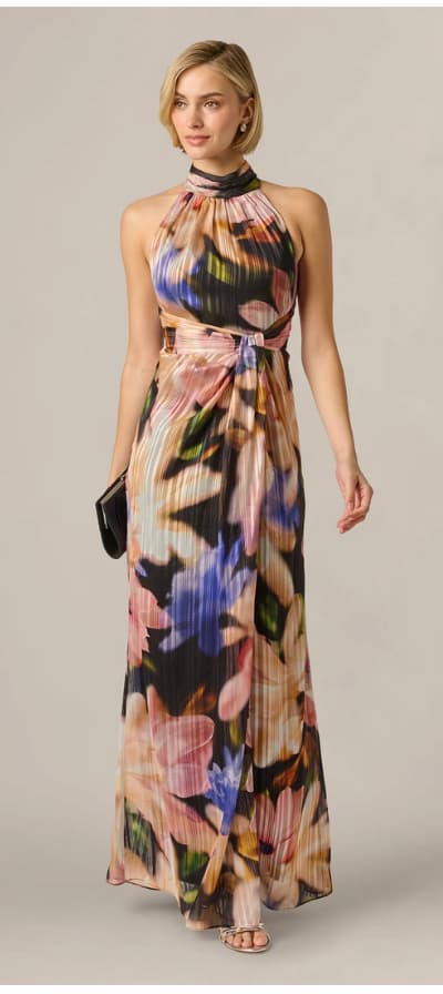Floral Ribbon Chiffon Halter Mermaid Gown In Black Multi