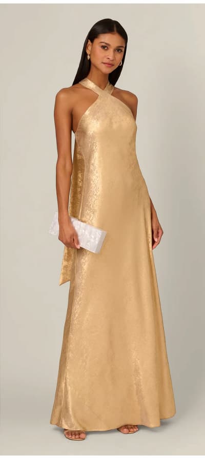 Foiled Mermaid Gown With Halter Neckline In Light Gold
