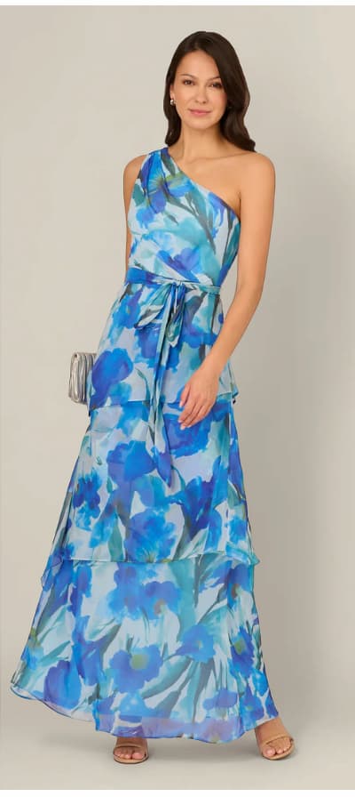 One Shoulder Tiered Floral Chiffon Gown In Blue Multi
