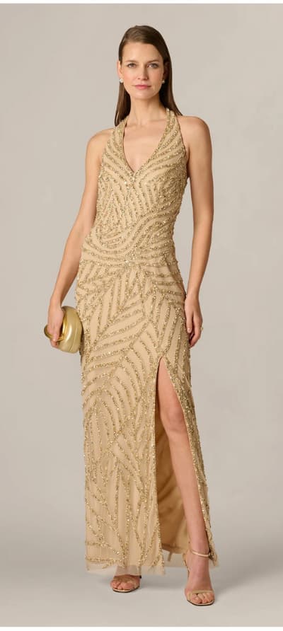 Sunburst Art Deco Beaded Halter Gown In Gold