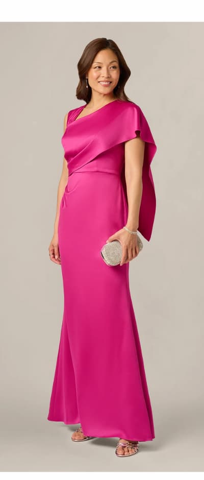 Asymmetrical Draped Satin Cape Gown In Berry Rose