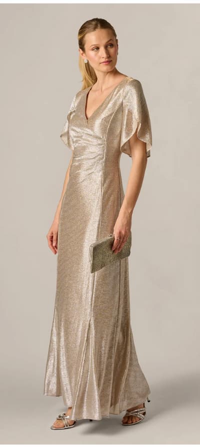 Metallic Flutter Knit Gown In Alabaster