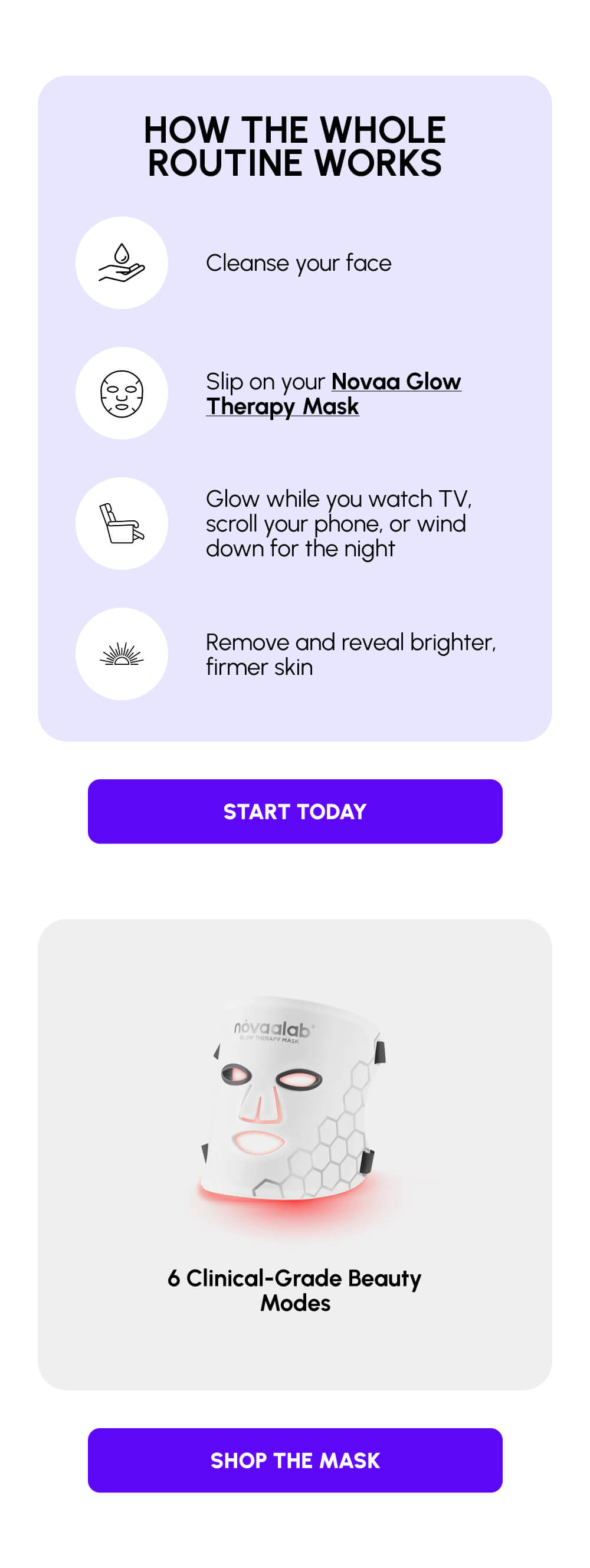 How the whole routine works | Cleanse your face | Slip on your Novaa Glow Therapy Mask | Glow while you watch TV, scroll your phone, or wind down for the night | Remove and reveal brighter, firmer skin | [START TODAY] | 6 clinical-grade beauty modes | [SHOP THE MASK]