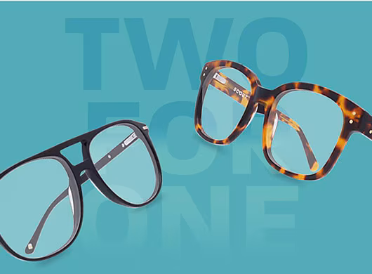 Two pairs of glasses, one black-framed and one tortoiseshell, on a teal background with 'TWO FOR ONE' text